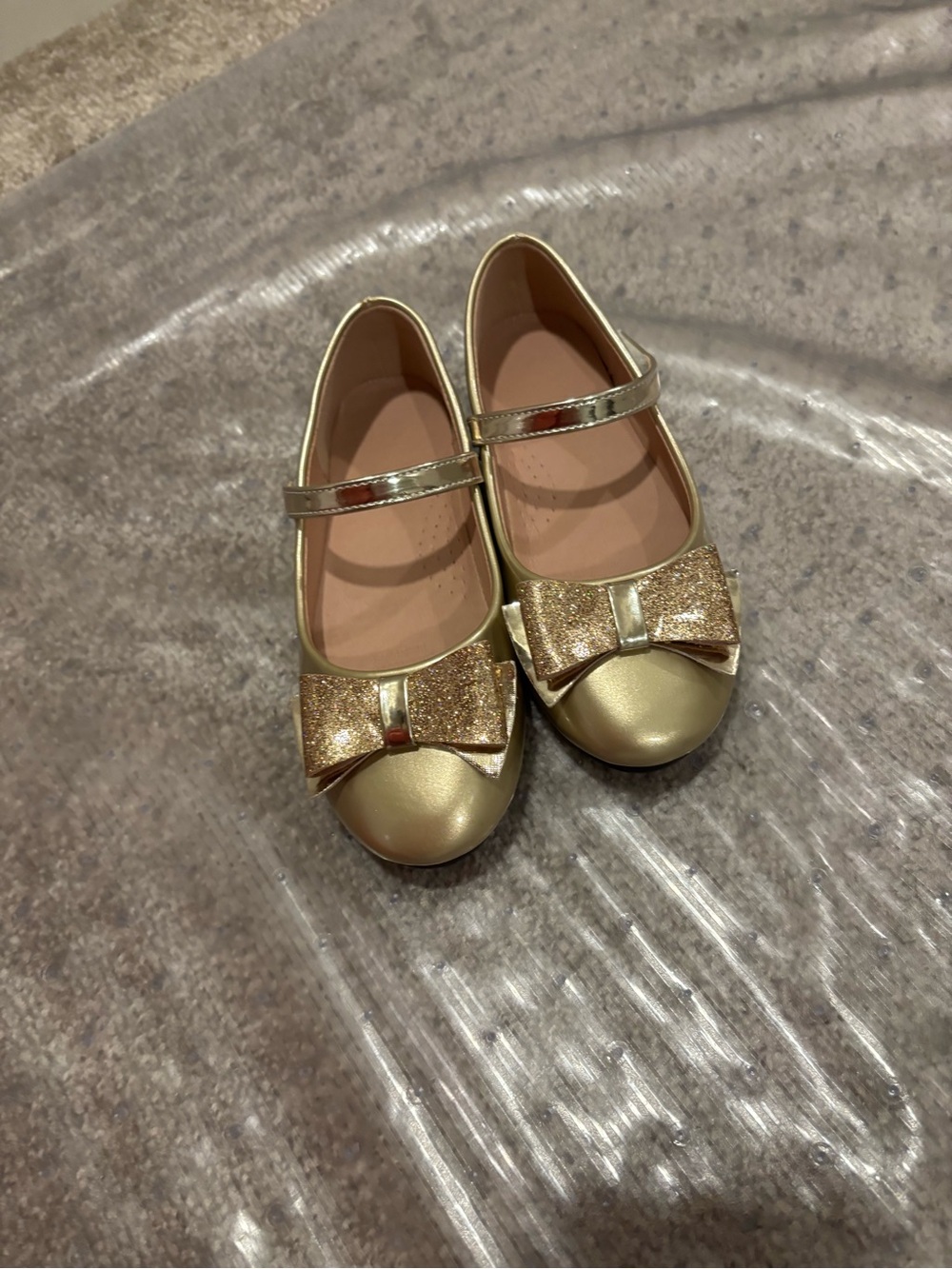 Girls Gold Mary Jane Ballet Flats with Glitter Bow